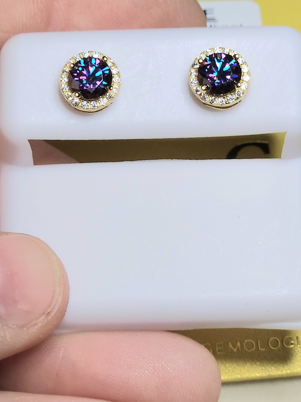 Moissanite Purple Amethyst Round Halo Stud Earrings - Sterling Silver - Picture 5 of 14